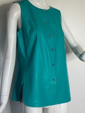 Lafayette 148 Sz 8 Teal Front Snap Sleeveless Leather Shirt Vest Jacket